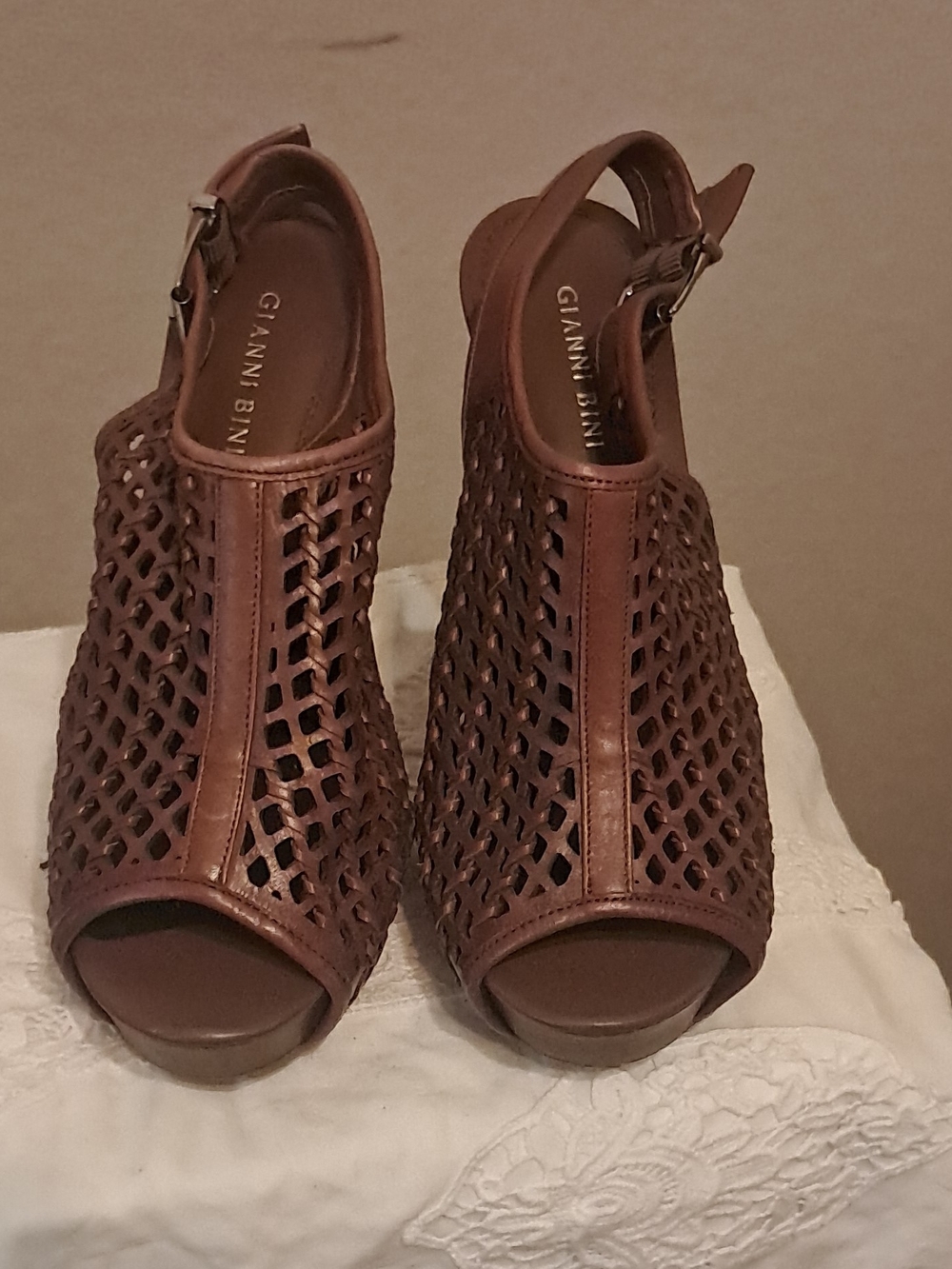 Gianni Bini Brown Laser-Cut Peep-Toe Slingback Heels 9 1/2